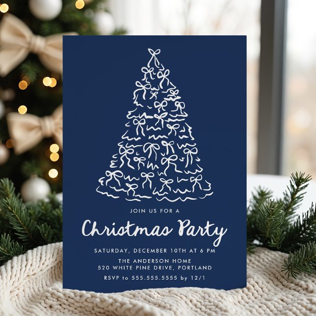 Whimsical Christmas Tree Bows Navy Christmas Party Invitation (Creator Uploaded)