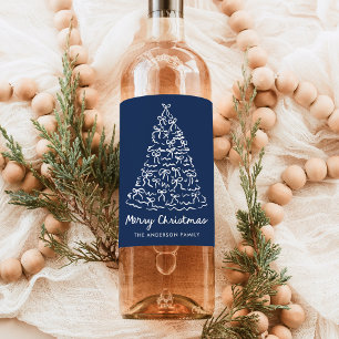 Whimsical Christmas Tree Bows Navy Holiday Wine Label
