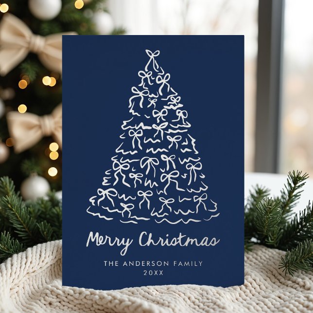 Whimsical Christmas Tree Bows Navy Non-Photo Foil Holiday Card (Creator Uploaded)