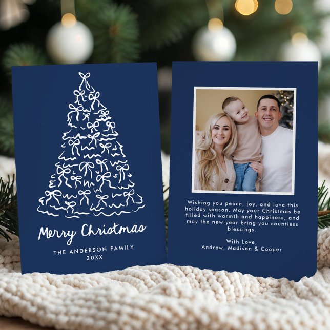 Whimsical Christmas Tree Bows Navy Photo Holiday Card (Creator Uploaded)