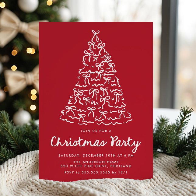 Whimsical Christmas Tree Bows Red Christmas Party Invitation (Creator Uploaded)