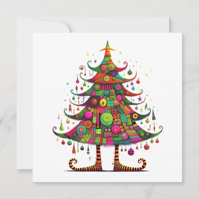 Whimsical Christmas Tree, Bright Colours, Holiday Card (Front)