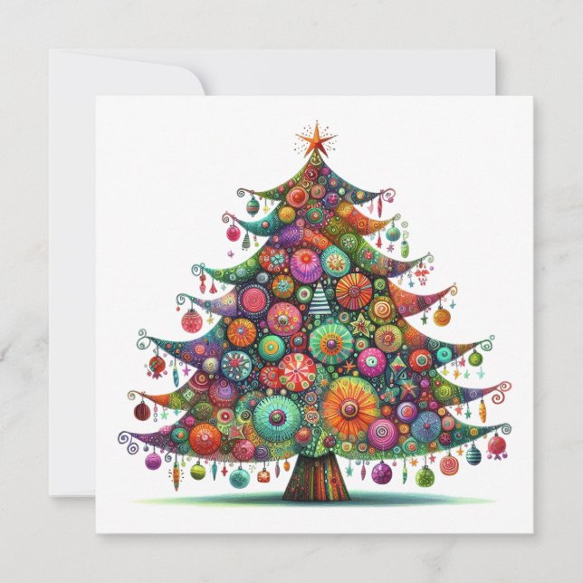 Whimsical Christmas Tree, Bright Colours, Holiday Card (Front)