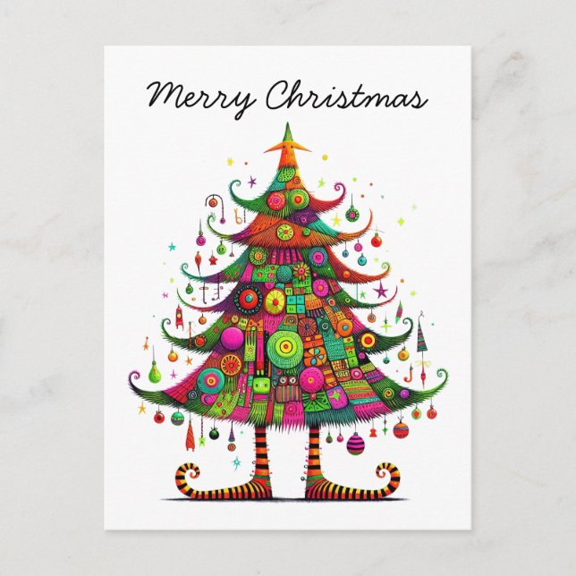 Whimsical Christmas Tree, Bright Colours, Holiday Postcard (Front)