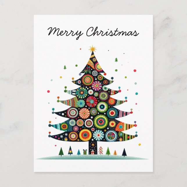 Whimsical Christmas Tree, Bright Colours, Holiday Postcard (Front)