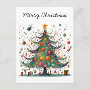 Whimsical Christmas Tree, Bright Colours, Holiday Postcard