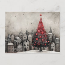 Whimsical Christmas Tree Card Red Black