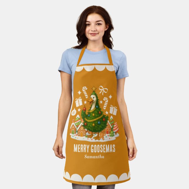 Whimsical Christmas Tree Goose | Funny Holiday Apron (Worn)