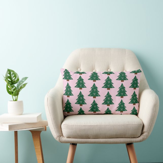 Whimsical Christmas Tree In Pink Ribbons Lumbar Cushion (Chair)