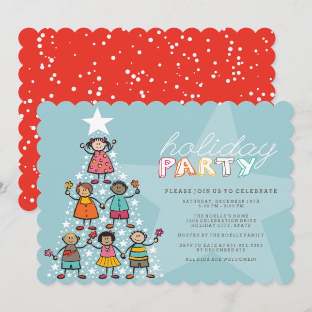 Whimsical Christmas Tree Kids Holiday Party Invite (Front/Back)