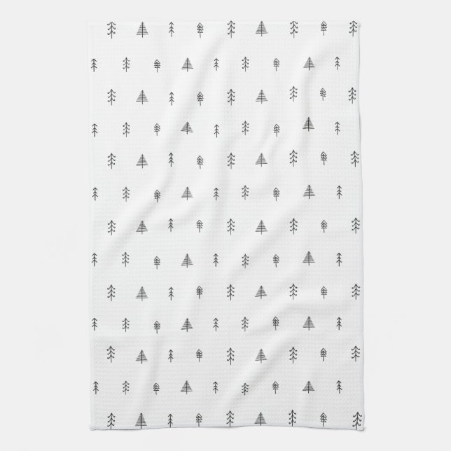 Whimsical Christmas Tree Pattern - Black & White Tea Towel (Vertical)