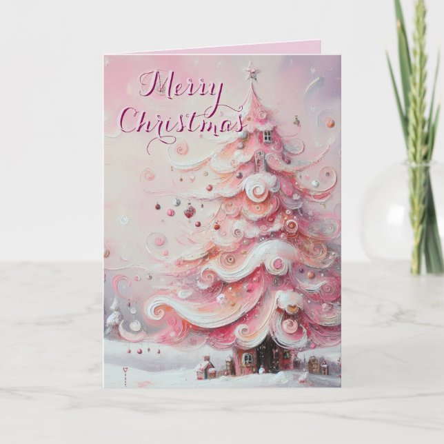 Whimsical Christmas Tree Pink Personalised Holiday Card (Front)