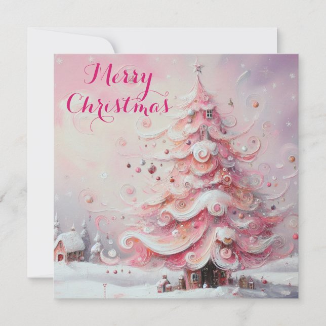 Whimsical Christmas Tree Pink Personalised Holiday Card (Front)