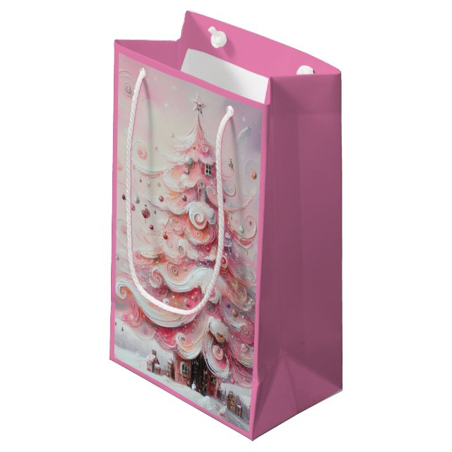 Whimsical Christmas Tree Pink White Swirls Small Gift Bag (Front Angled)