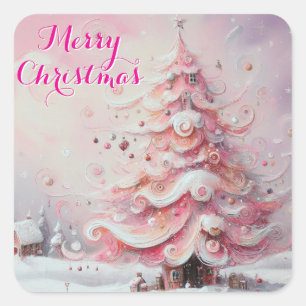 Whimsical Christmas Tree Pink White Swirls Snow Square Sticker
