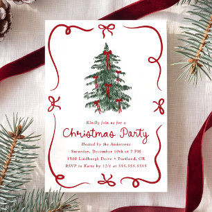 Whimsical Christmas Tree Red Bows Christmas Party Invitation