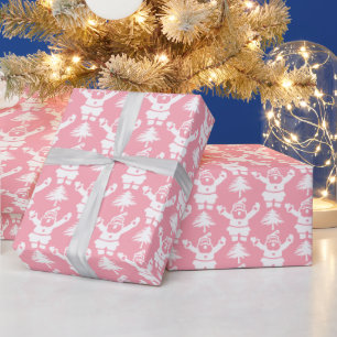 Whimsical Christmas Tree Santa Claus Pink White Wrapping Paper