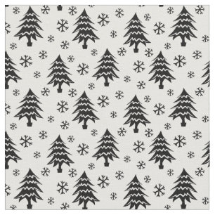 Whimsical Christmas Tree Snowflake Black White Fabric