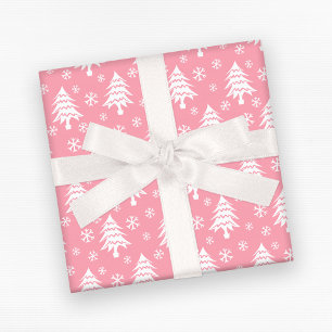 Whimsical Christmas Tree Snowflake Pink White Wrapping Paper
