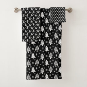 Whimsical Christmas Tree Snowflake White Black Bath Towel Set