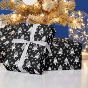 Whimsical Christmas Tree Snowflake White Black Wrapping Paper