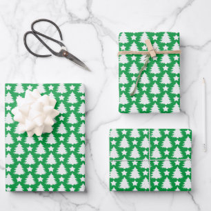 Whimsical Christmas Tree Star Green White  Wrapping Paper Sheet