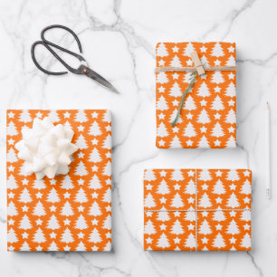 Whimsical Christmas Tree Star Orange White Wrapping Paper Sheet
