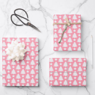 Whimsical Christmas Tree Star Pink White Wrapping Paper Sheet
