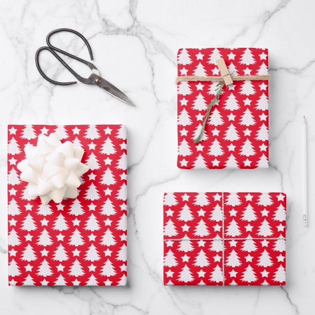 Whimsical Christmas Tree Star Red White Wrapping Paper Sheet (Front)