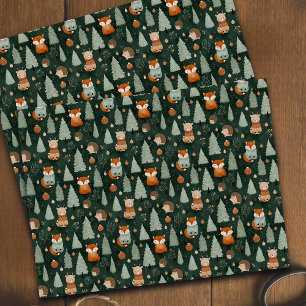 Whimsical Christmas Tree with Red Fox Dark Green Tissue Paper