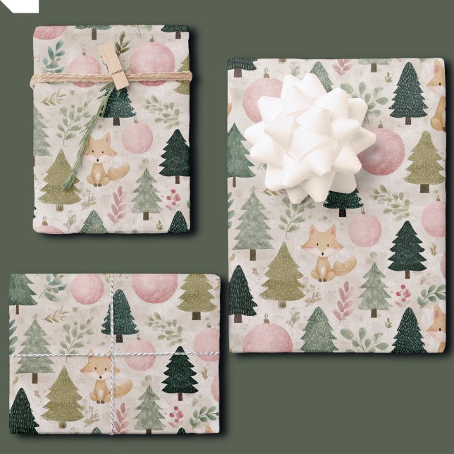 Whimsical Christmas Tree with Winter Fox Pastel Wrapping Paper Sheet (Creator Uploaded)
