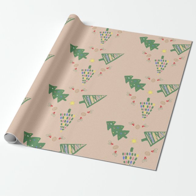 Whimsical Christmas Tree Wrapping Paper (Unrolled)