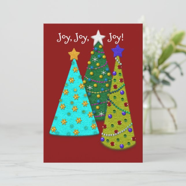 Whimsical Christmas Trees Faux Felt Look Holiday Card (Standing Front)