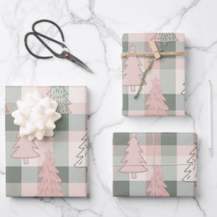 Whimsical Christmas Trees Green Pink Plaid Wrapping Paper Sheet