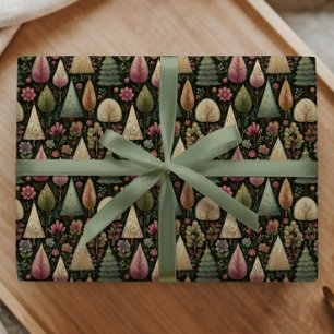 Whimsical Christmas Trees in Green and Pink Gift Wrapping Paper