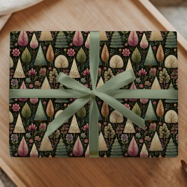 Whimsical Christmas Trees in Green and Pink Gift Wrapping Paper (Creator Uploaded)