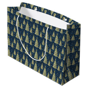 Whimsical Christmas Trees on Blue Background Large Gift Bag