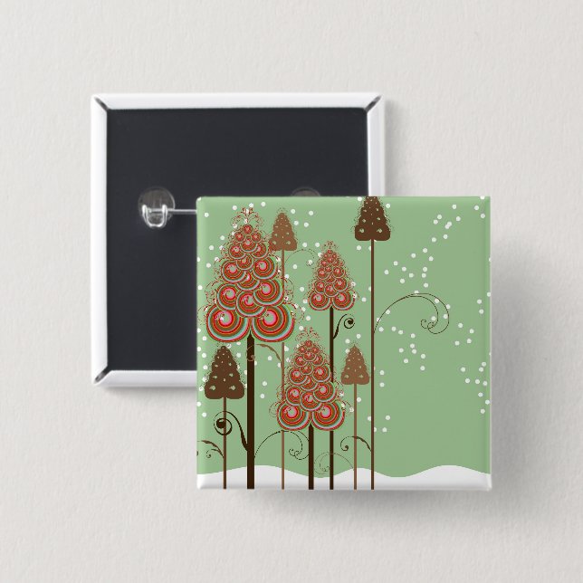 Whimsical Christmas Trees on Snow Holiday Button (Front & Back)