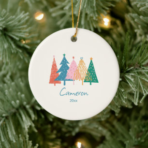 Whimsical Christmas Trees Personalised Name Family Ceramic Tree Decoration