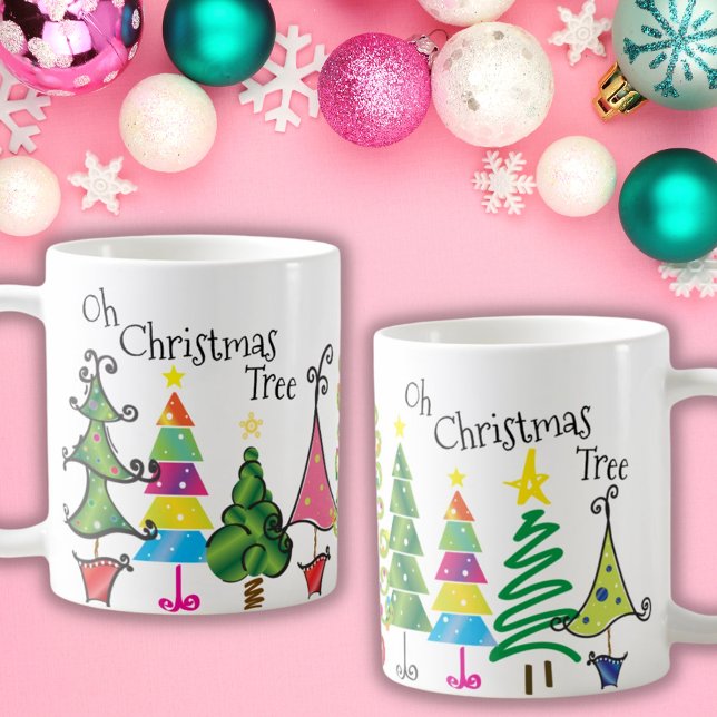 Whimsical Christmas Trees Pink Green Blue Script Coffee Mug (Creator Uploaded)