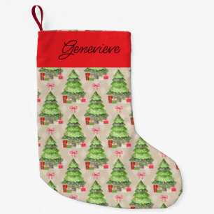 Whimsical Christmas Trees, Red Bows and Presents S Small Christmas Stocking