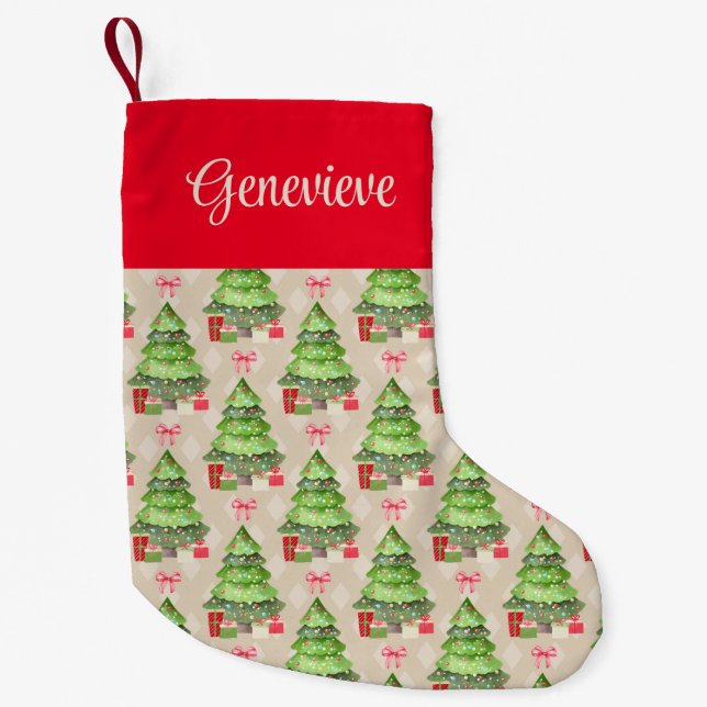 Whimsical Christmas Trees, Red Bows and Presents Small Christmas Stocking (Front)