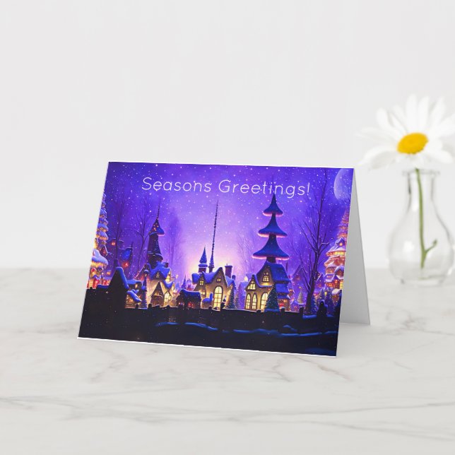 Whimsical Christmas Village in Purple Holiday Card (Small Plant)