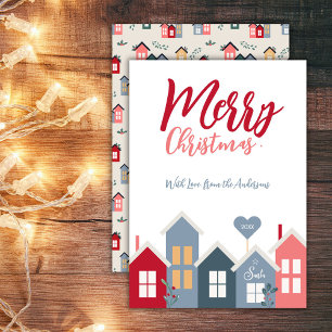 Whimsical Christmas Village Red Blue Town Holiday Card