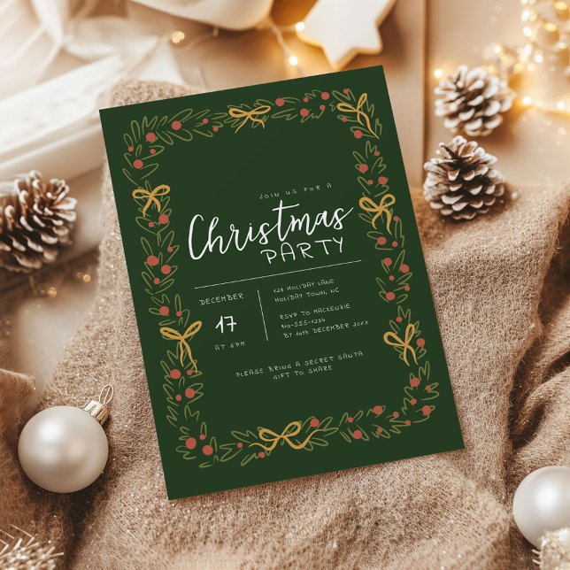 Whimsical Christmas Wreath & Bow Party Invitation (Whimsical Christmas Wreath holiday party invitation)