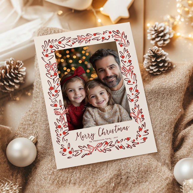 Whimsical Christmas Wreath & Bows Photo Card (Whimsical Christmas Wreath holiday family photo card)