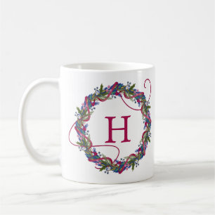 Whimsical Christmas Wreath Initial Holiday Coffee Mug