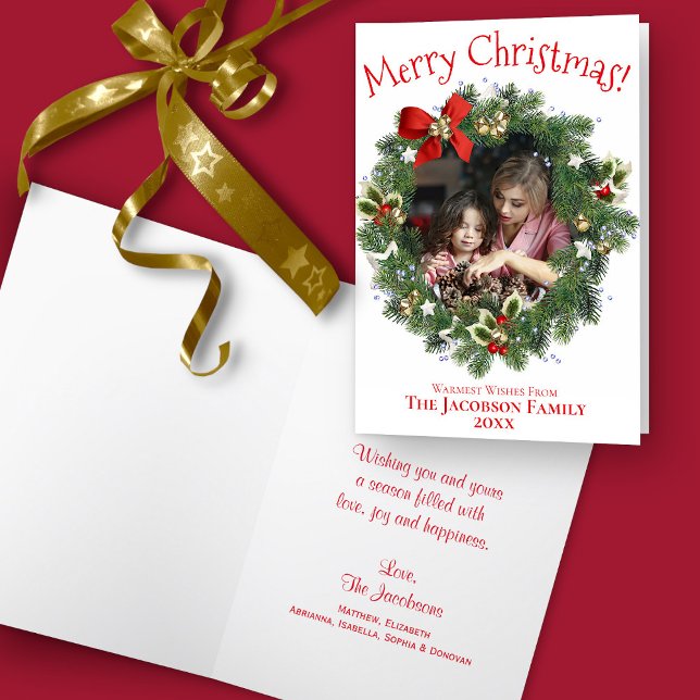 Whimsical Christmas Wreath Photo Frame Holiday Card (In Situ Front/Inside)