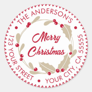 Whimsical Christmas Wreath Red and White Classic Round Sticker