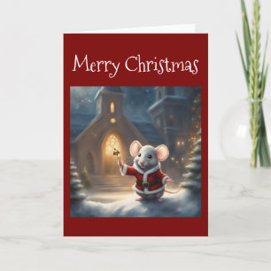Whimsical Church Mouse in Santa Suit rings a bell Card